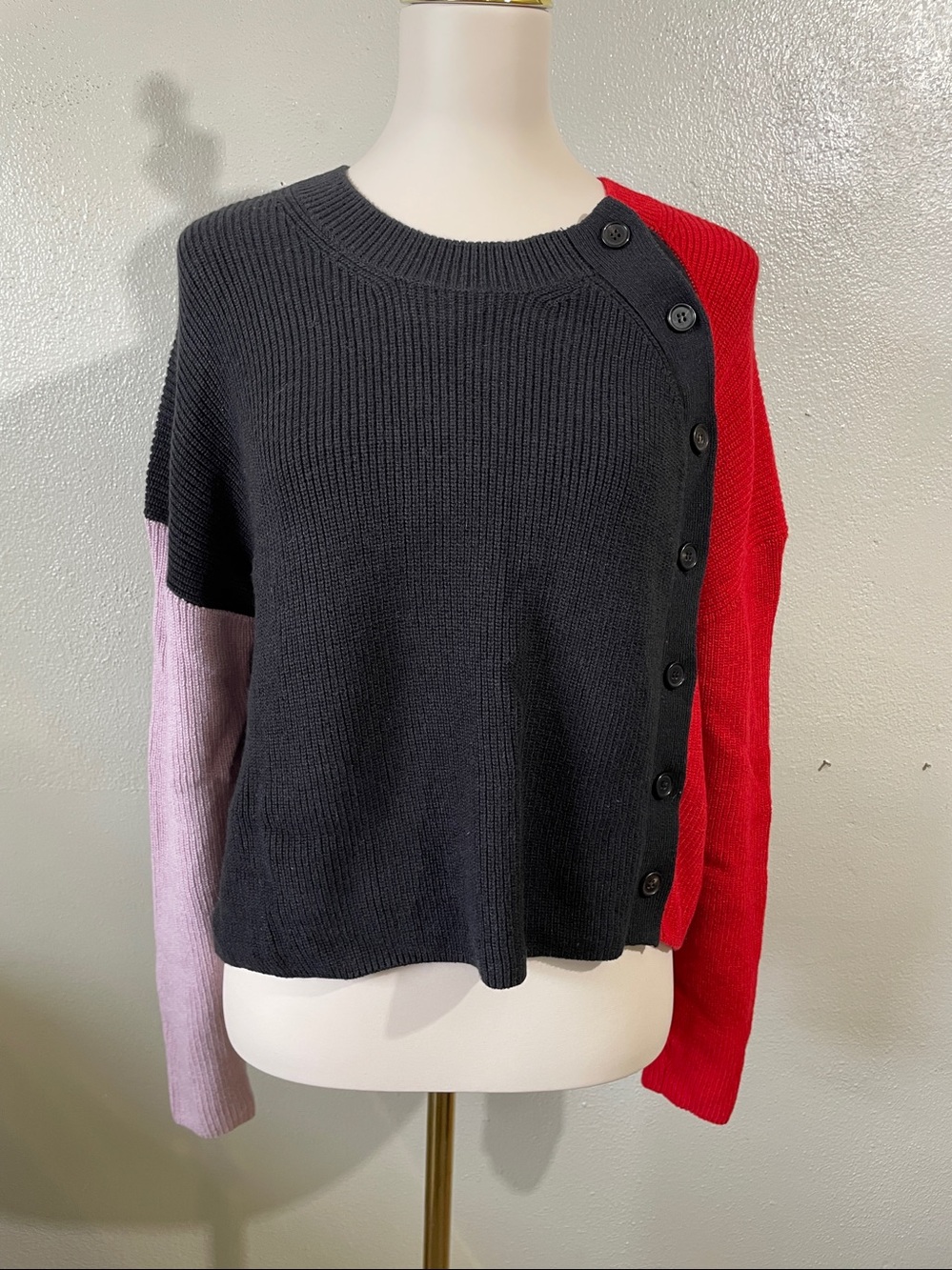 A.L.C. Cashmere Blend Button Cardigan Pink Red Black Knit Sweater XS Colorblock